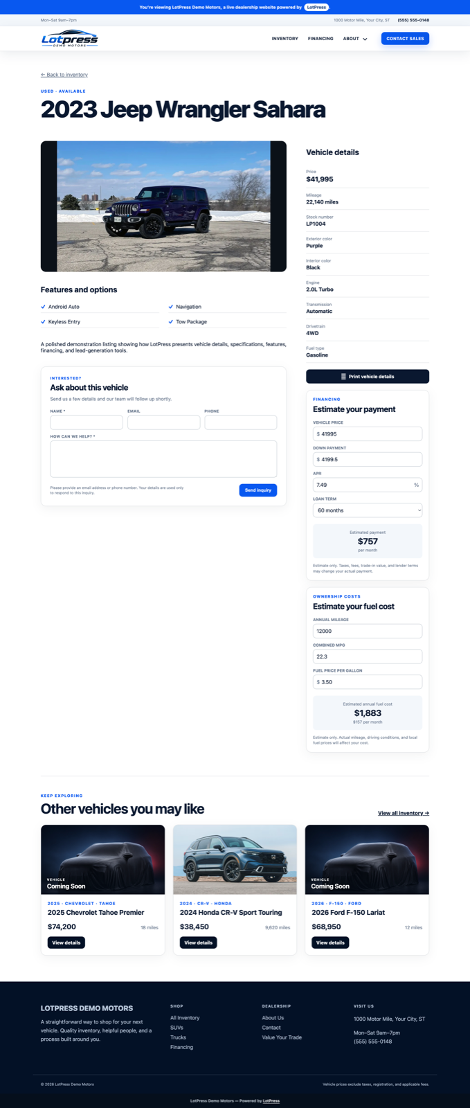 LotPress vehicle detail page with gallery, specifications, inquiry form, print action, payment calculator, fuel calculator, and related vehicles